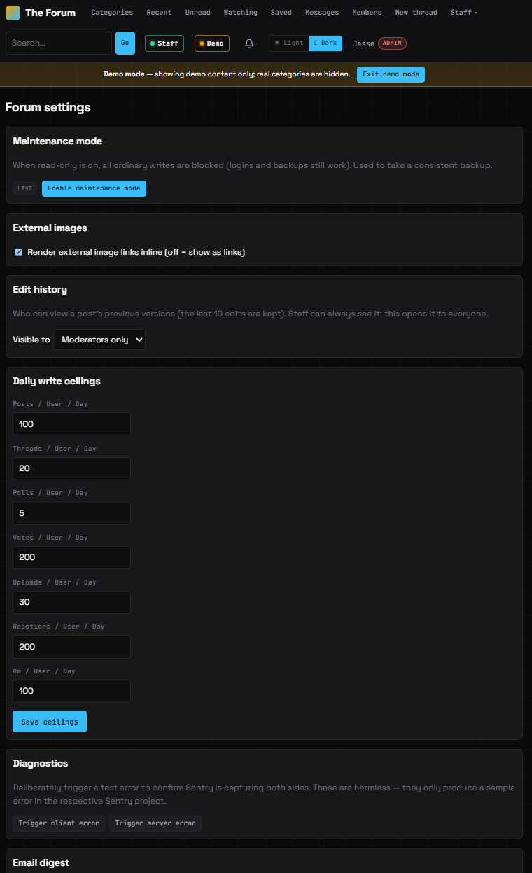 Forum settings, captured in the demo mode that made the rest of these screenshots safe to publish. Maintenance mode blocks ordinary writes so a backup can be taken against a consistent database, the daily write ceilings are the ones the atomic counter in the security section enforces, and the two diagnostics buttons fire a deliberate client error and a deliberate server error to confirm Sentry is catching both sides.