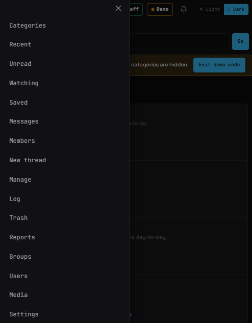The mobile navigation drawer, slid open from the menu button: sixteen destinations stacked vertically, nothing to swipe past. Captured in demo mode, so none of the content is real.